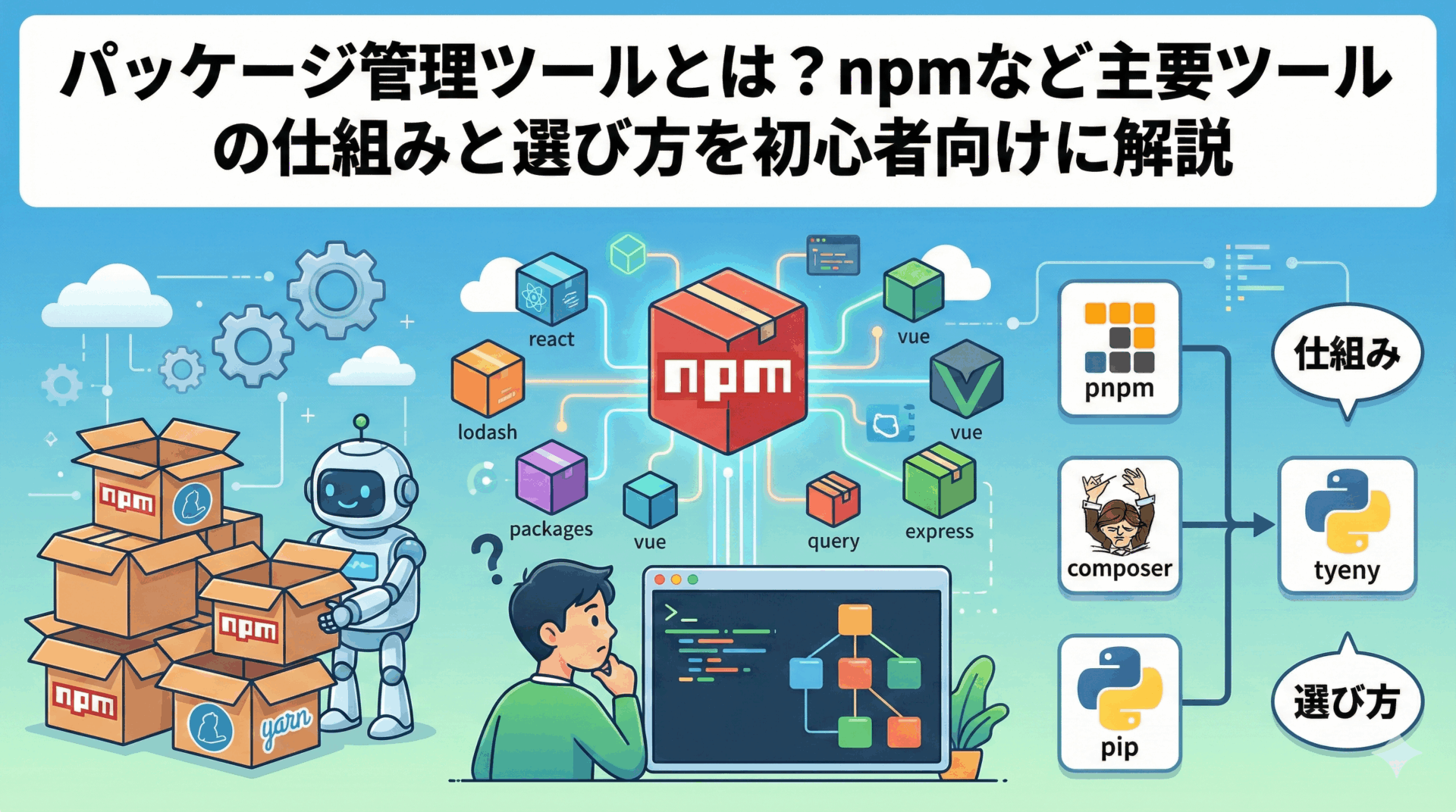 パッケージ管理ツールとは？npmなど主要ツールの仕組みと選び方を初心者向けに解説