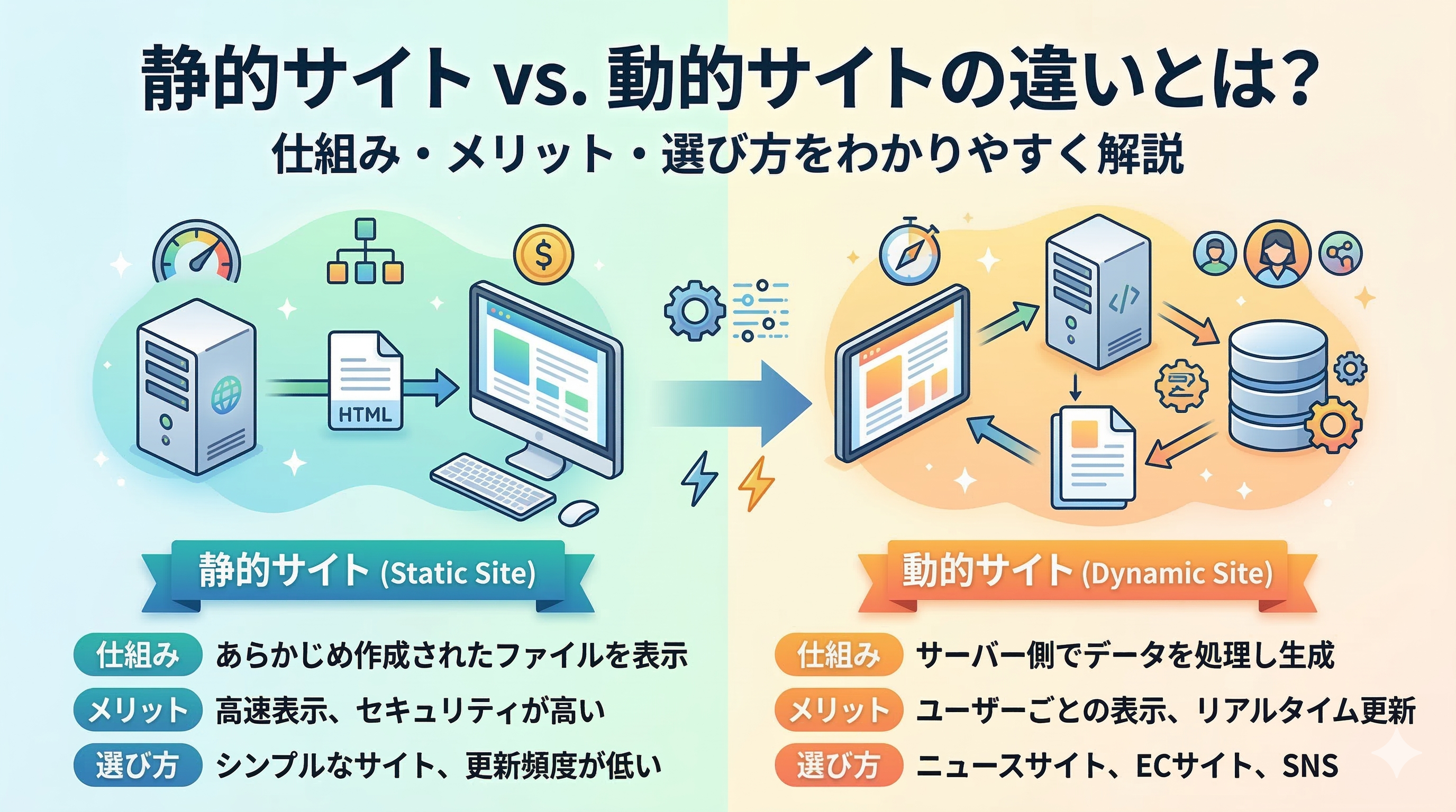 静的サイトと動的サイトの違いとは？仕組み・メリット・選び方をわかりやすく解説